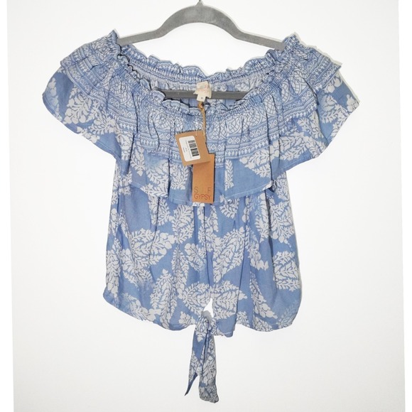 Surf Gypsy Tops - NWT Blue Milkmaid Cottage Cropped Blouse Off Shoulder Prairie Ruffle Sleeve M
